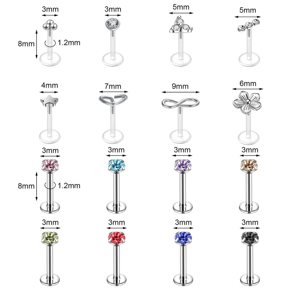 Juego de piercing labial Labret de acero quirúrgico/acrílico 16G circonita cúbica cartílago pendiente joyería Foto 4 de 4