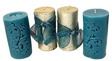 Pillar Candle Lot Of Four Two 6” Aqua And Two 6” Ash Wood Tone W Removable Bow