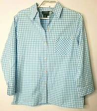 Lauren Ralph Lauren Womens Top Medium Blue White Check 3/4 Sleeve Button Front 