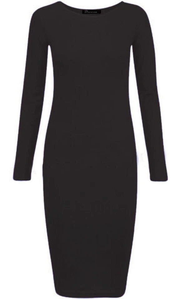 Womens Long Sleeve Plain Midi Dress Ladies Stretch Bodycon Jersey UK 8-26 - Image 2 of 4
