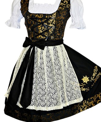 L 16 Black German Dirndl Oktoberfest Dress Waitress Short Party EMBROIDERED