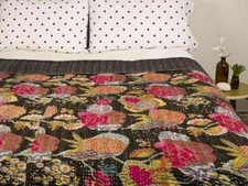 Queen Kantha Quilt Bedspread Floral Cotton Multicoloured Boho Gypsy Blanket