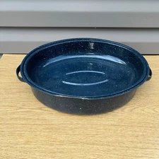 Vankutl Oval Oven 16" Turkey Roasting Roaster Pan W Lid Blue Enamel  White Spot