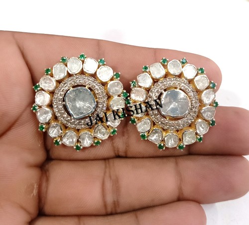 Amazing Emerald Gemstone Polki Pave Diamond 925 Sterling Silver Women Earring - Picture 4 of 11