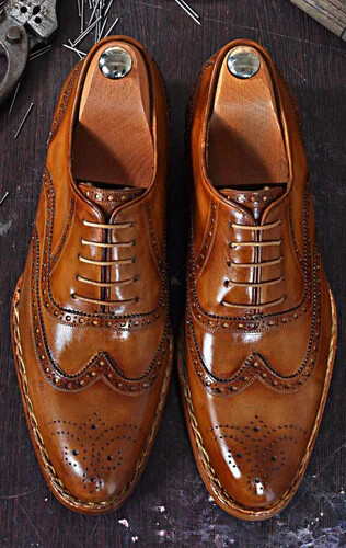 Zapatos Oxford formales con cordones hechos a mano de cuero coñac premium con punta de ala para hombre - Imagen 1 de 11