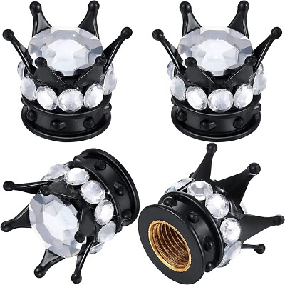 4x Black White Crystal Diamond Crown Tire Valve Stem Caps Deco Fits Universal