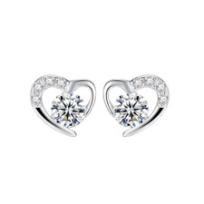 925 Sterling Silver Heart Crystal CZ Solitaire Stud Earrings Gift Box D21