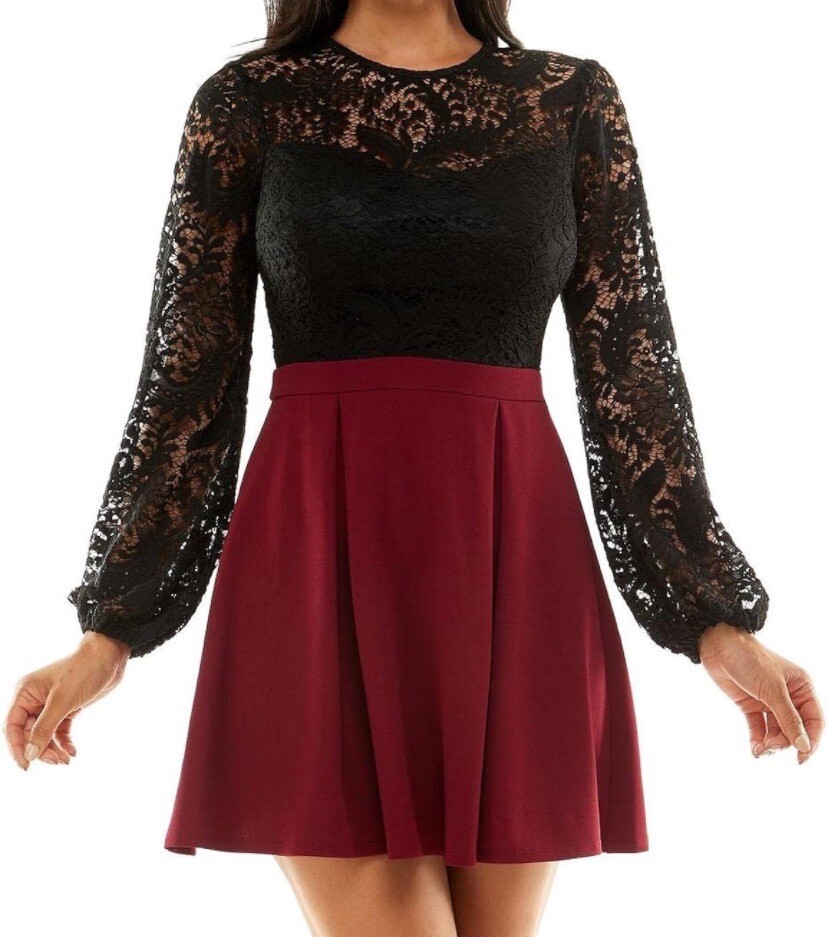 B Darlin Women's Size 13/14 Maroon Zippered Pleated Lace Sheer Fit