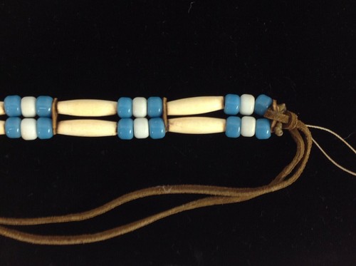 Vintage Native American Bone Blue Glass Bead Leather Choker Necklace - Picture 7 of 12