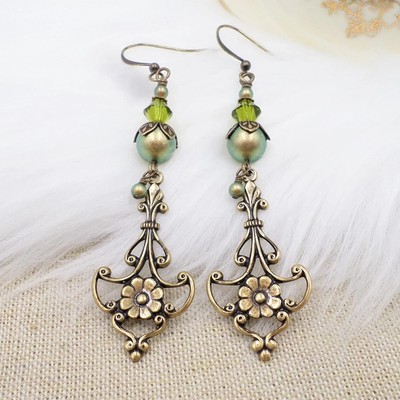 Victorian Style Earrings, Brass Filigree Green Pearl Crystal Drop Dangle, Gothic