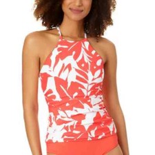 Anne Cole X4907 Womens Palm Printed High Neck Tankini Top, Coral Coastal, S