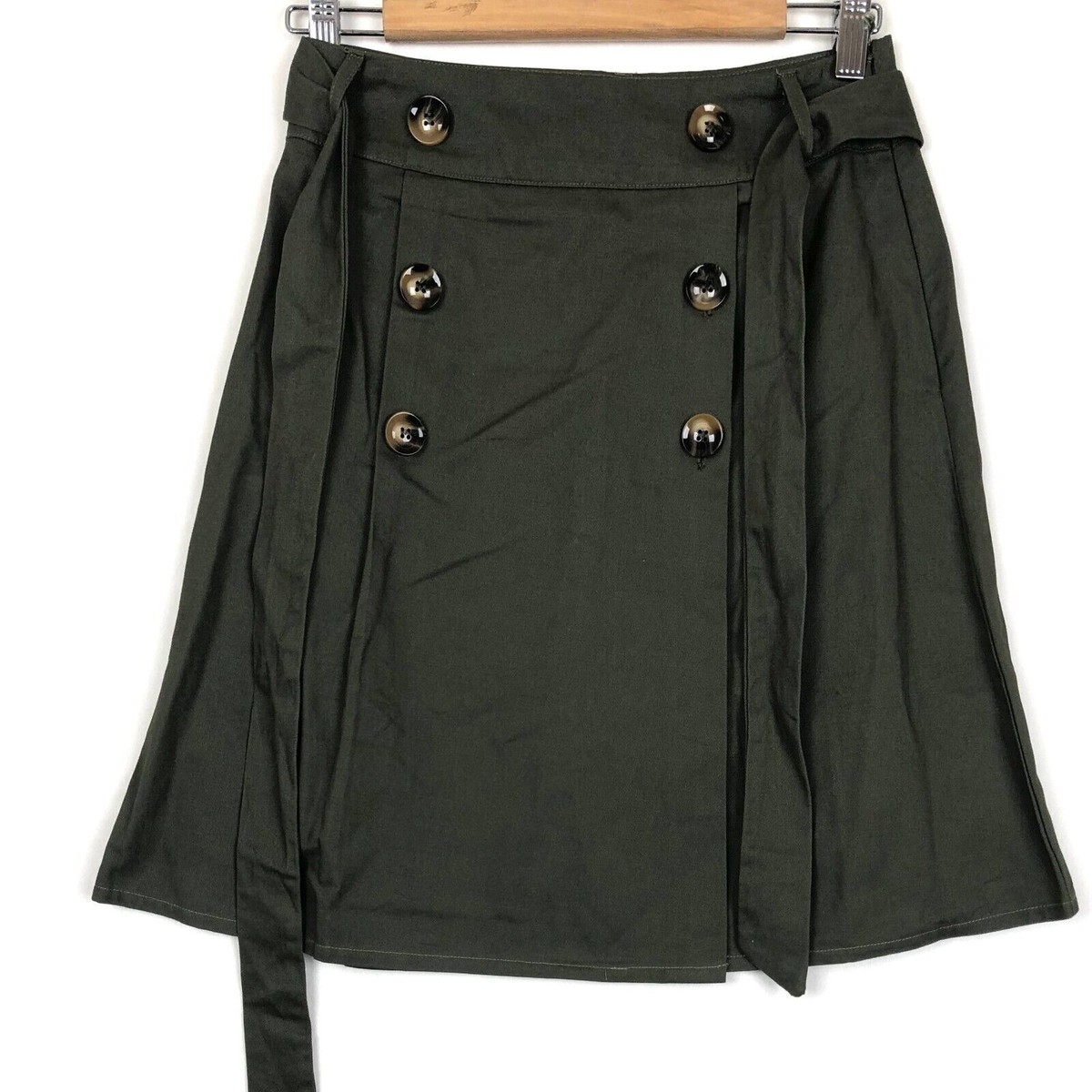 Atmos&Here Belted Skirt Button Front Detail Knee Length Khaki Green Size  New - Main Image