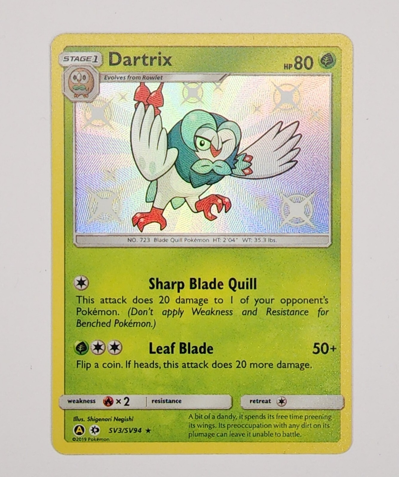 Pokemon TCG Dartrix SV3/SV94 Shiny Holo Rare - 2019 Hidden Fates NM/MINT.