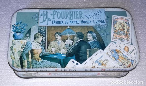 Caja metalica Heraclio Fournier. Fabrica de naipes movida a vapor - Vacia