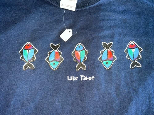 NWT Gilden XL Youth navy blue Lake Tahoe Fishes cotton pre shrunk T shirt - Picture 2 of 3