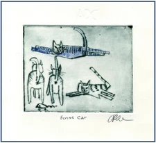 3 Cats, Mouse and a FLYING CAT! ORIGINAL Expressionist WATERCOLOR ETCHING Signed