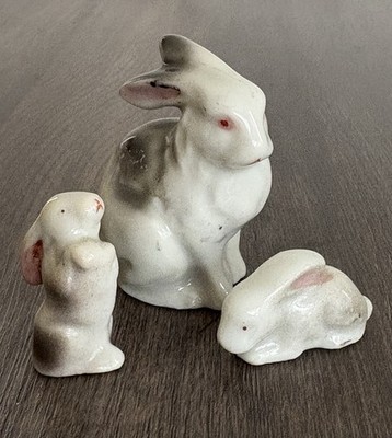 Occupied Japan Rabbit Family Vintage Bunny Figures Mini Ceramic Trinket Animals