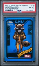 2025 Topps Chrome Marvel Rocket Raccoon Blue Refractor 009/299 #120 PSA 8