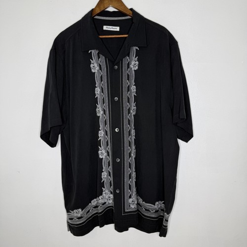 Tommy Bahama Hemd Herren XXL Seide bestickt Blumen Hawaii Knopfleiste Freizeit