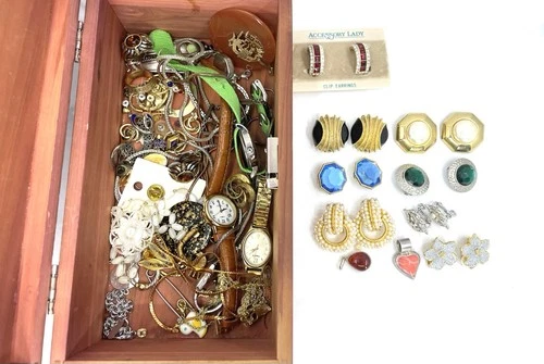 Estate Vintage Costume Jewelry Box Lot Necklaces Earrings Watches Scrap Craft