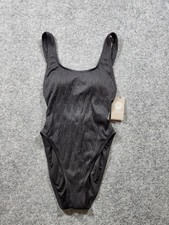 New VINCE CAMUTO One-Piece Swimsuit Women Size 6 Black Zig-Zag Scoop Halter NWT