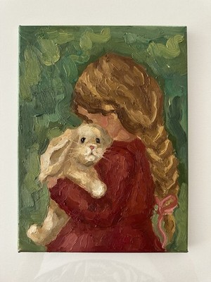 Girl Holding White Rabbit Original Impressionist Oil Painting