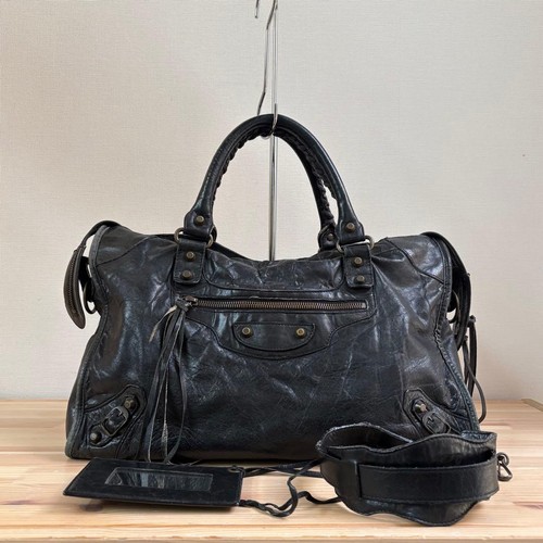 BALENCIAGA The City 2way Handbag Shoulder Bag Leather Black Used #YH