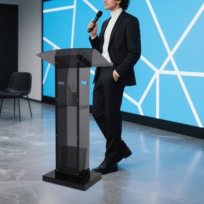Acrylic Podium Stand, Floor Standing Portable Pulpits with Storage Shelf Black