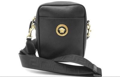 VERSACE Shoulder Bag Calfskin Leather Black Mens Gold Hardware From Japan