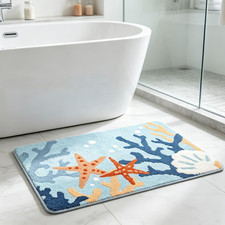 Beach Bathroom Rugs, Funny Starfish Seashell Coral Ocean Plush Fleece Bath Mats,