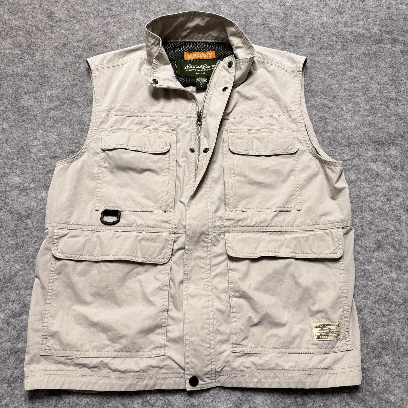 Eddie Bauer Vest Mens Large Tall Beige Utility Fishing Camera Performance System