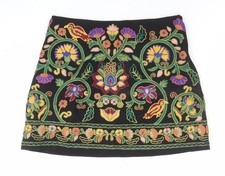 Zara Woman Black Embroidered Floral A-Line Mini Skirt XS