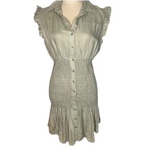 Y2K 90s Guess Stretch Mini Sheath Shirt Dress Casual Sage Green Linen Blend M