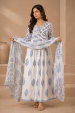 White Handblock Anarkali Kurta Pant with Dupatta Indian Ethnic Dress