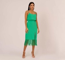 Adrianna Papell Fringed-Hem Midi Sheath Dress Summer Green sz 4 Day-Dinner Out