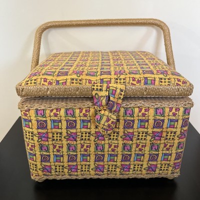 Vtg Sewing Basket Yellow Scissors Buttons Design 8 Vtg Thread Included Much More
