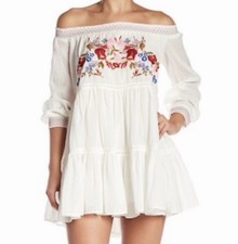 FREE PEOPLE Sunbeams Tiered Off The Shoulder Mini BoHo Flare Embroidery size XS