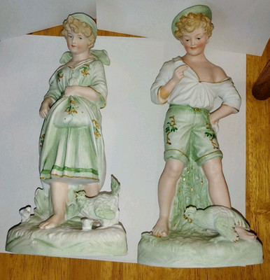Gebruder Heubach Bisque Porcelain Boy-Girl With Chickens 11'' Tall Damaged
