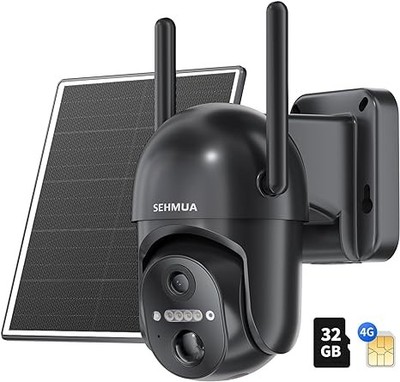 SEHMUA 4G LTE Cellular Solar Security Camera Wireless Outdoor No WiFi - BLACK