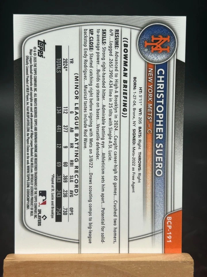 2025 1º refrator Bowman Chrome Christopher Suero ouro verdadeiro 25/50 Mets - Imagem 2 de 2