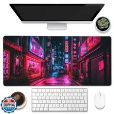 Eflxamz Desk Mat,Japanese Anime Neon Street Desk Pad,Anime City Large Gaming 