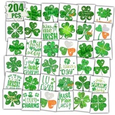 204 PCS Glitter Shamrock Tattoos for St Patrick's Day, Individually Wrapped