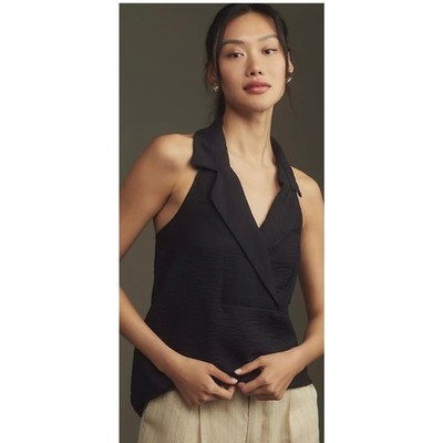 By Anthropologie The Dylon Sleeveless Wide Placket Halter Top Black Size S 