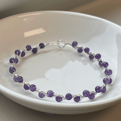 Amethyst purple 8  silver copper wire beaded beads handcrafted handmade dainty