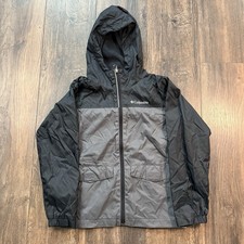 Columbia Boys Rain-Zilla Jacket Fleece Lined Hooded Raincoat Black Grey Size S