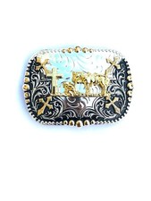 Western Buckle Gold Black Silver Cowboy Prayer Cowboy 2''Buckle Hebilla Vaquero