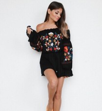 INDIKAH Vibes Romper Embroidered Floral Black Off The Shoulder Playsuit 10AU
