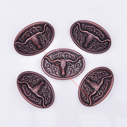 6PC WESTERN FLOWER LONGHORN RODEO LEATHER CRAFT OLD COPPER BELT CONCHO RIVETBACK - Picture 6 of 8