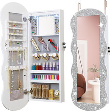 Jewelry Armoire Organizer, LED Jewelry Cabinet Wall/Door Mounted, Lockable Wavy