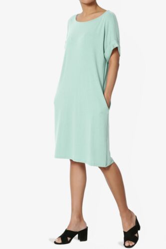 TheMogan S~3XL Rolled Short Sleeve Pocket Boxy Relaxed Jersey Midi T-Shirt Dress - Picture 145 of 187